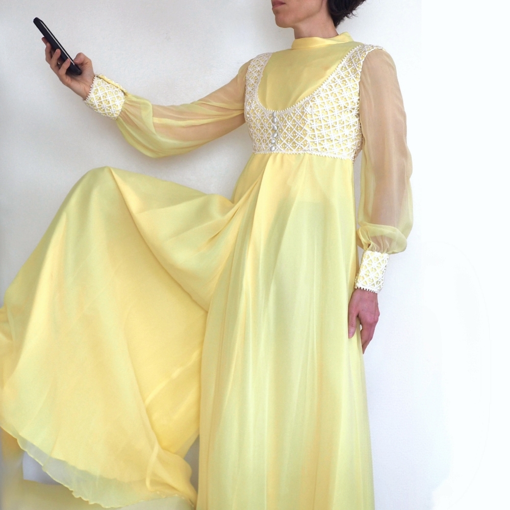 60s Vintage ILGWU Chiffon Jumpsuit Ultra Wide Leg Yellow Empire Corset Bodice